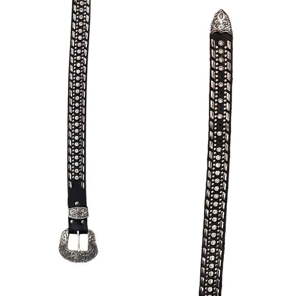 Nocona Bling Rhinestone Western Belt Size XL Leather Silver Black Glam - Picture 3 of 7